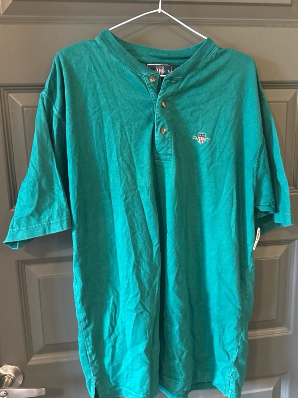 Vintage Gant USA Shield Logo Short Sleeve Henley Shirt Teal Green Size Large